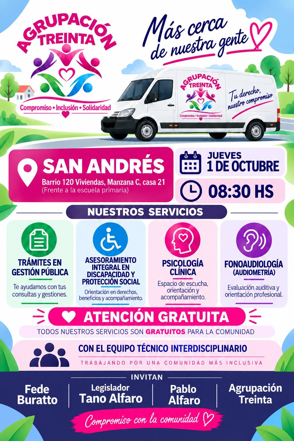 La Agrupación Treinta desembarca este jueves con atención interdisciplinaria gratis de la mano de Fede Buratto y el legislador Tano Alfaro.
