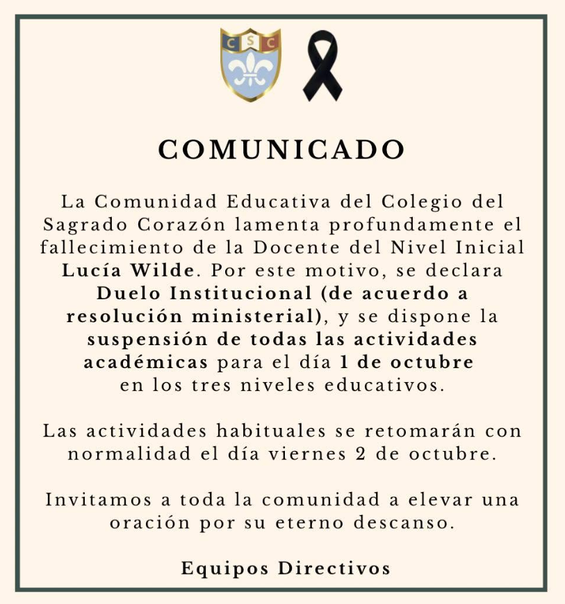 Tragedia en Barrio Sur: identificaron a la docente Lucía Wilde y el Colegio del Sagrado Corazón decretó duelo institucional